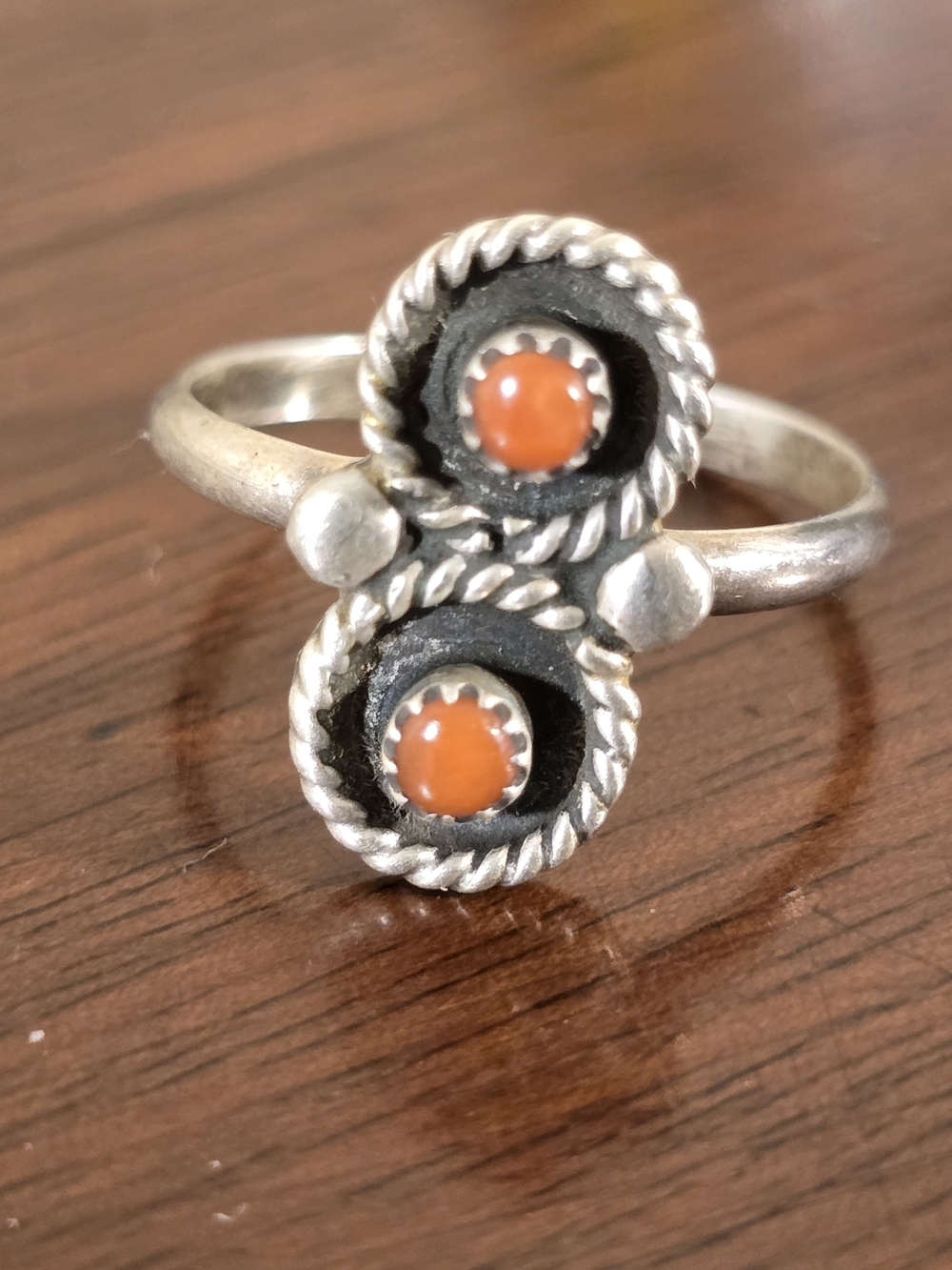 Sterling Style Double Orange Cabochon Rope Ring